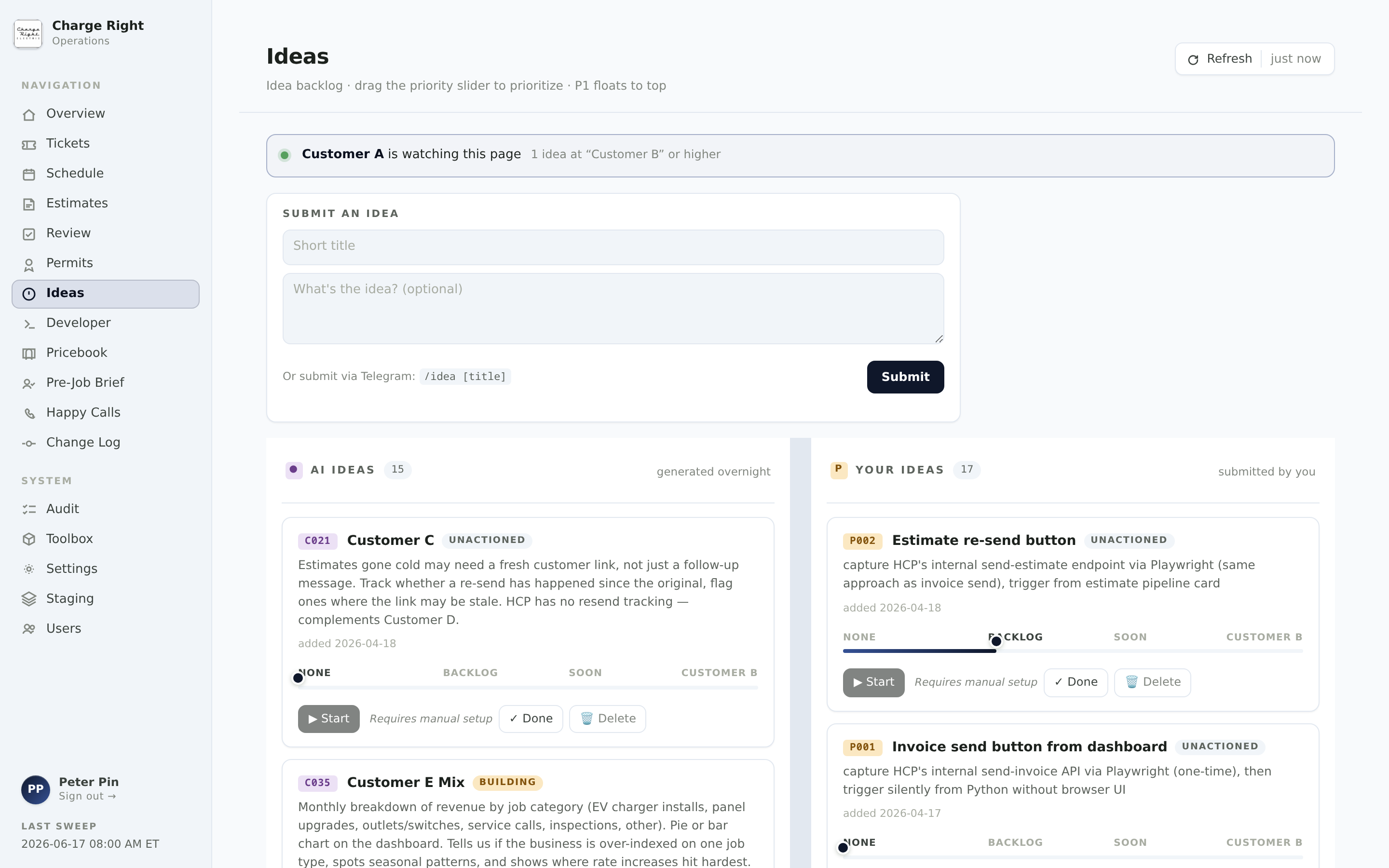 Idea backlog with AI-built and user-submitted features in build stages.
