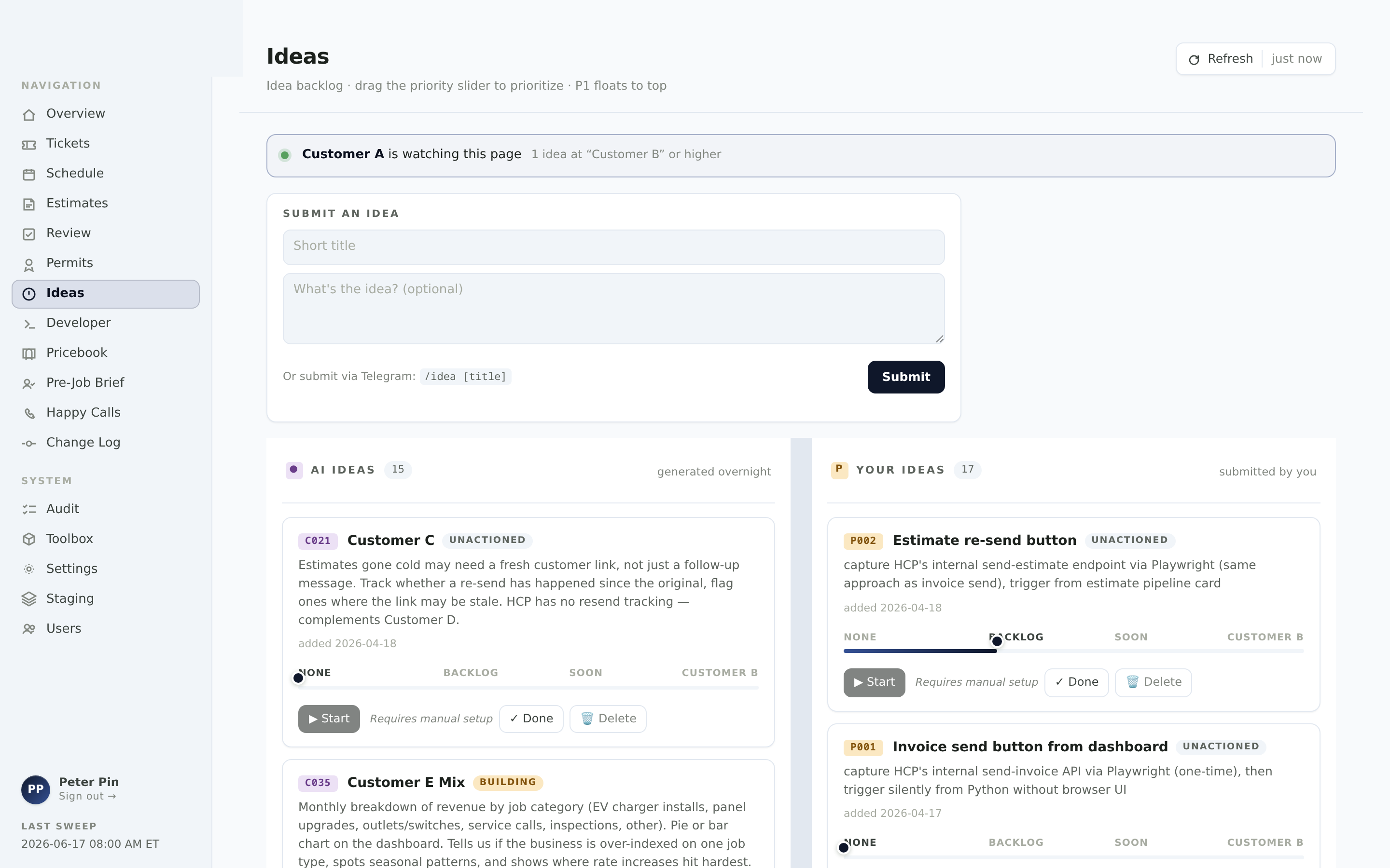 Idea backlog with AI-built and user-submitted features in build stages.