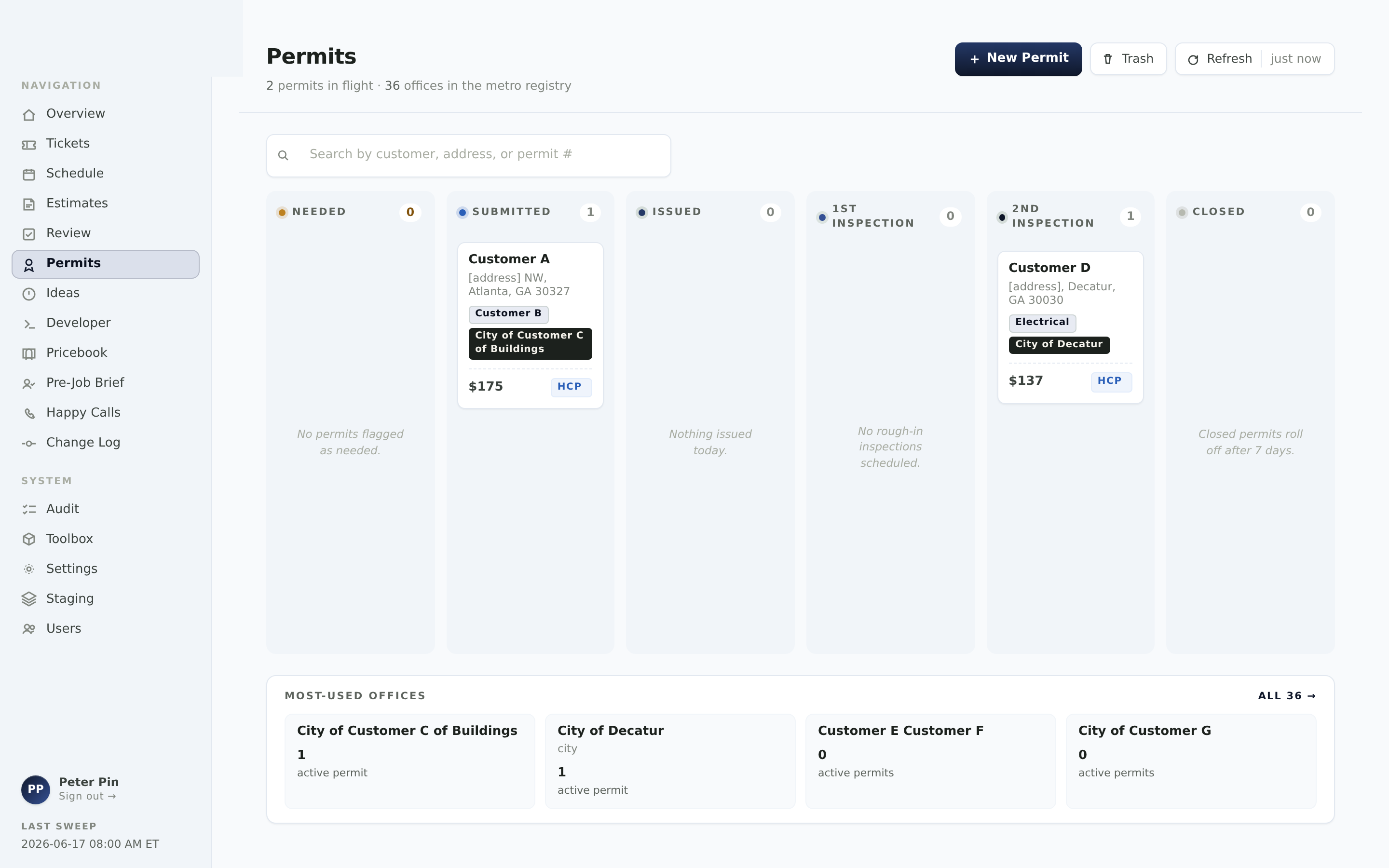 Permit tracker showing permits across jurisdictions in kanban stages.