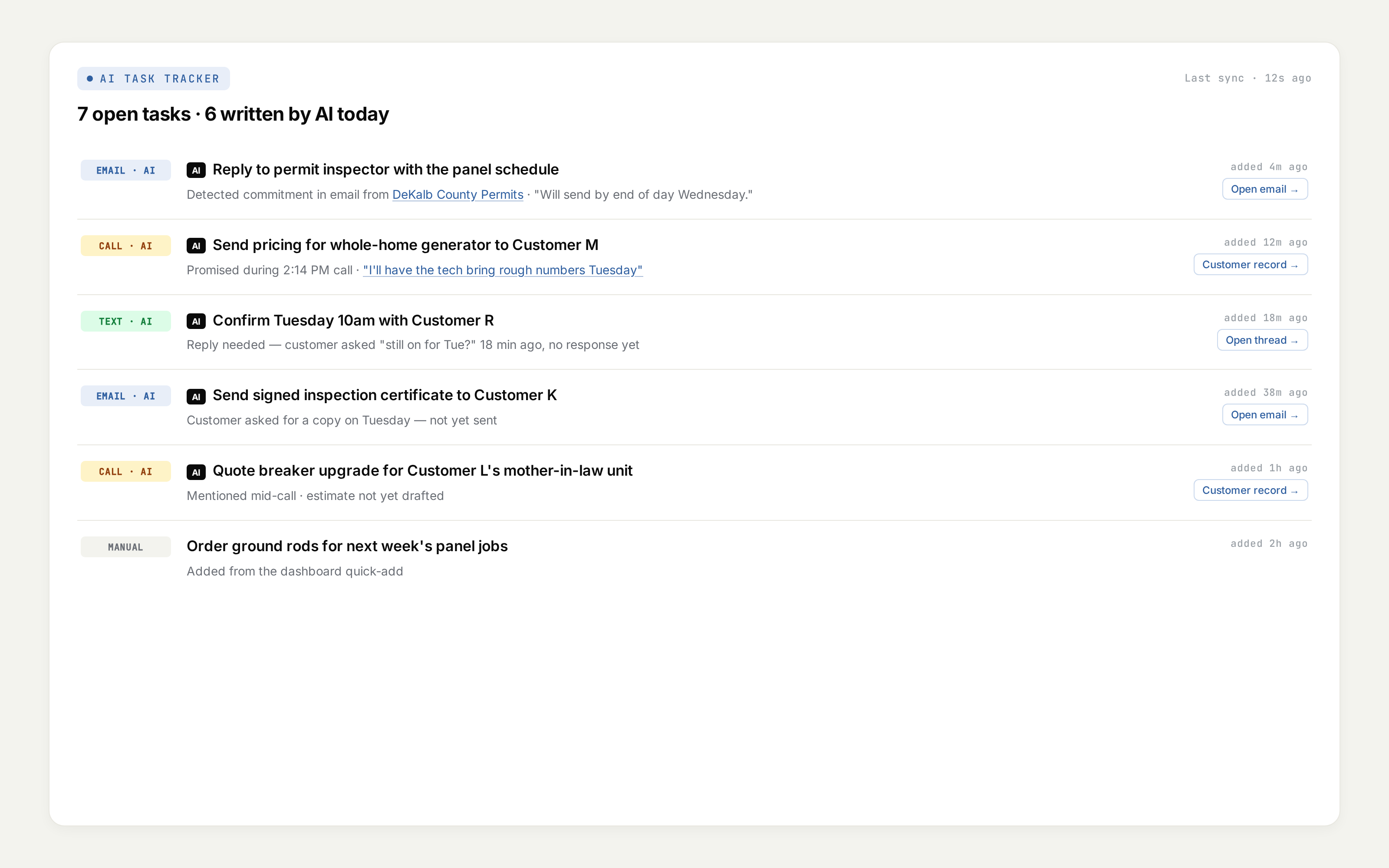 AI Task Tracker with tasks auto-detected from customer calls, emails, and texts.