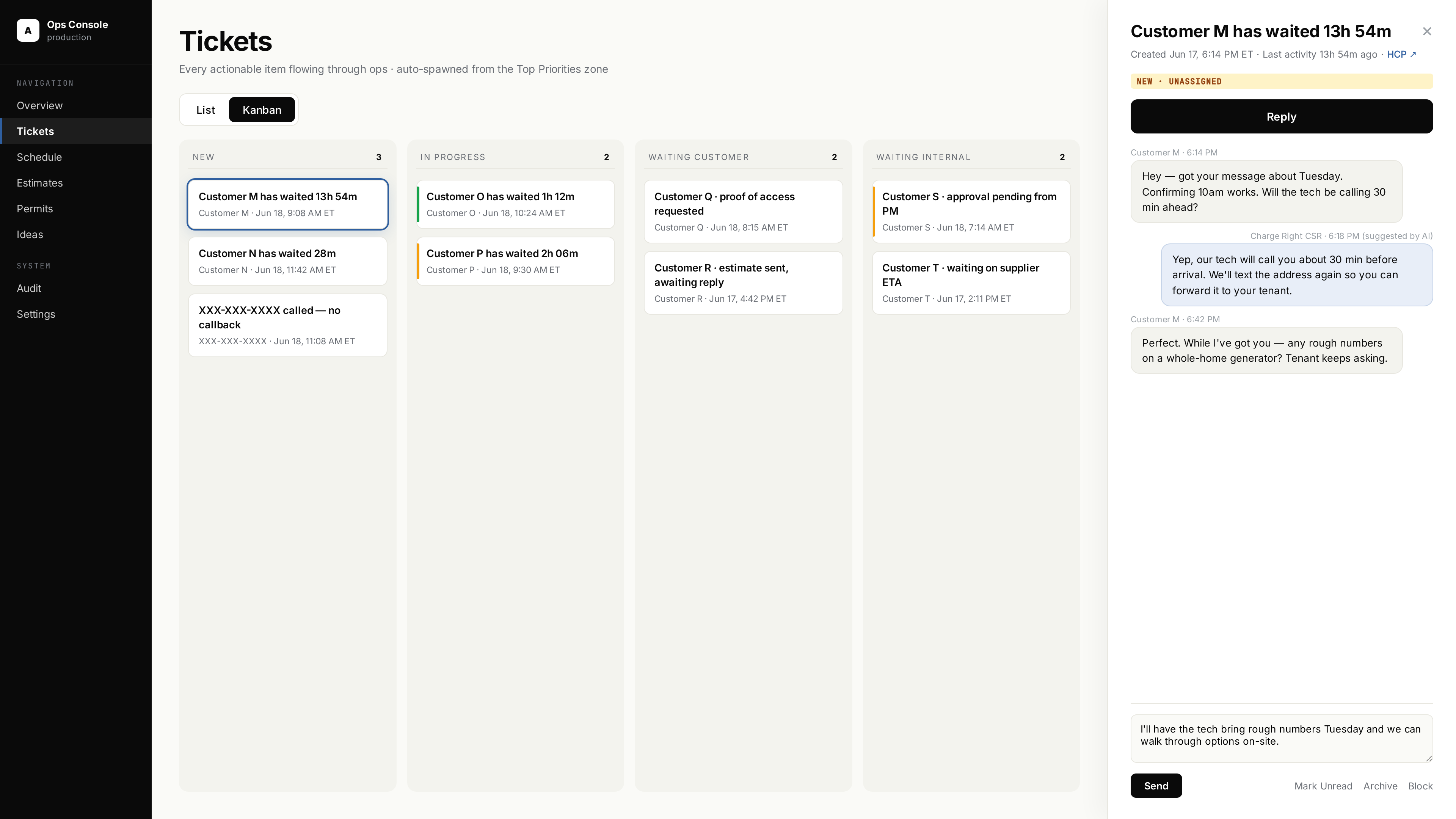 AI ticketing dashboard in Kanban view with a single ticket open in a side drawer for reply.